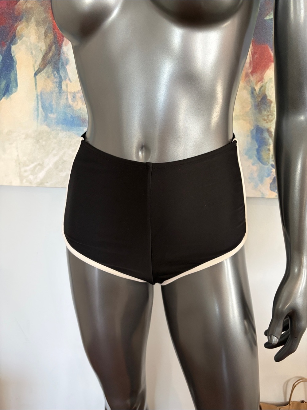 NWOT Black High-Waisted Shorts Style Bikini Bottom with White Trim